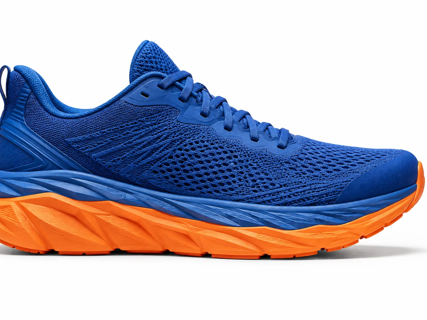 Close-up studio photograph of a blue running shoe with an orange sole