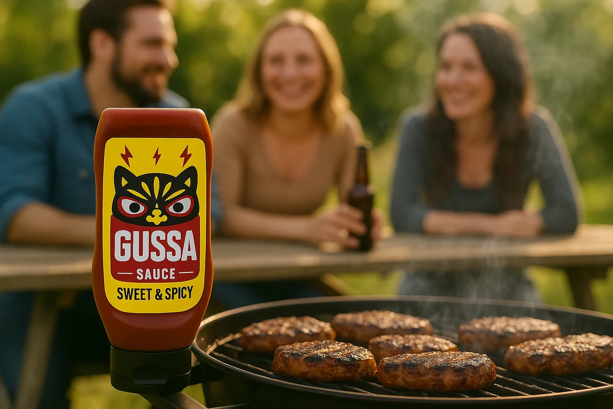 A bottle of hot sauce beside a barbecue at an outdoor gathering